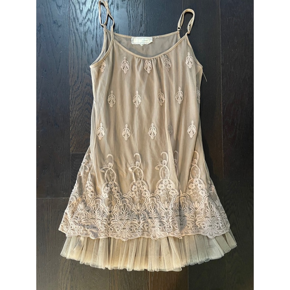 A'reve Taupe Mesh Embroidered Mini Dress Tulle Ruffle Hem Womens Medium Boho